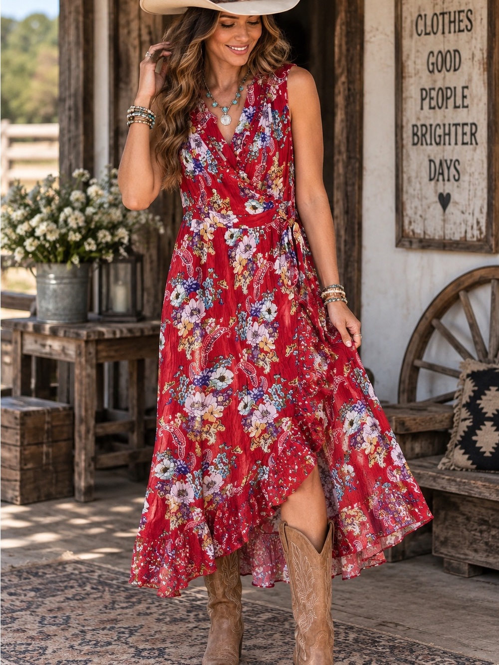 Bila Red Floral Paisley Wrap Maxi Dress Size L Boho Western